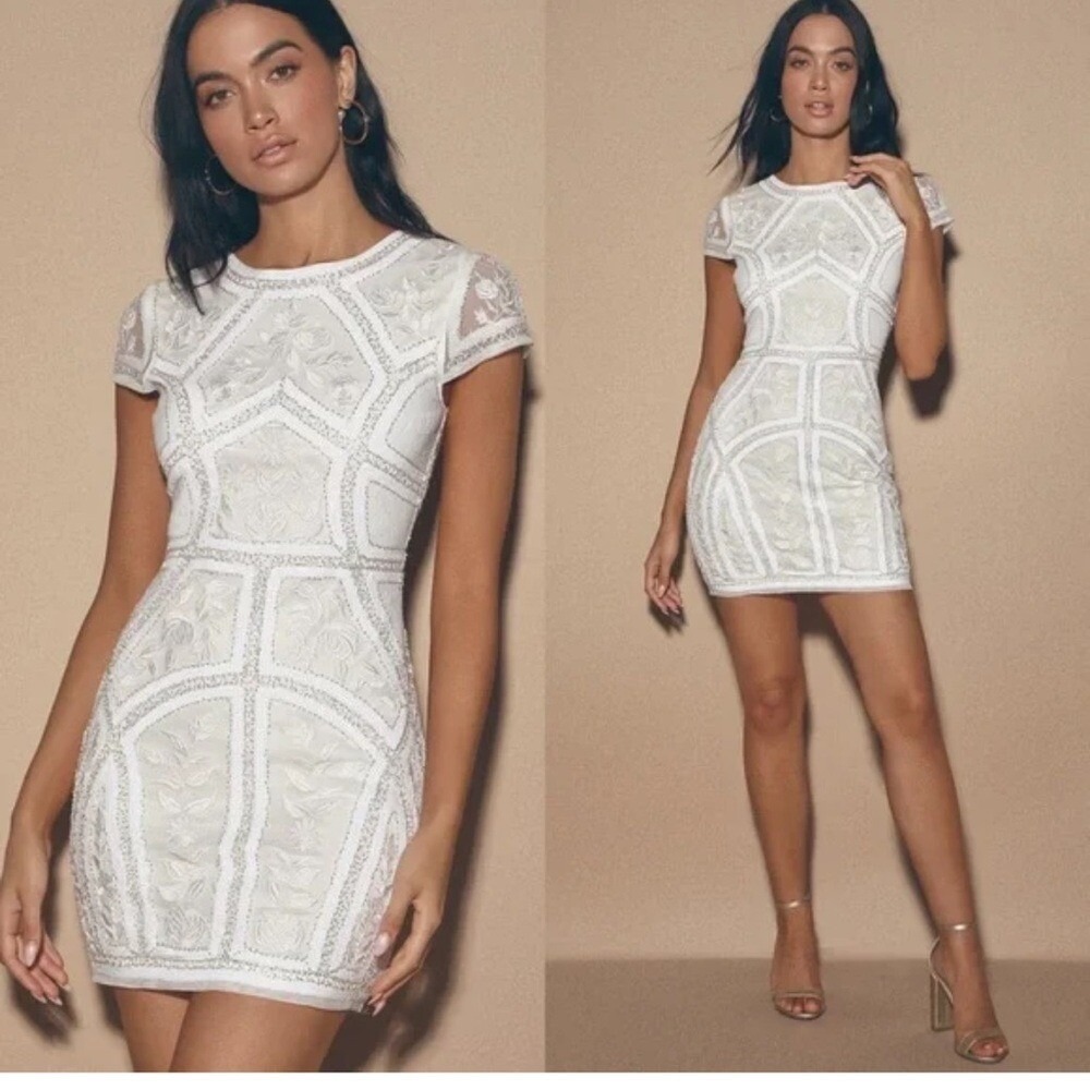 Lulus White Sequin Beaded Embroidered Bodycon Mini Dress Size‎ Small (730) - Picture 6 of 15